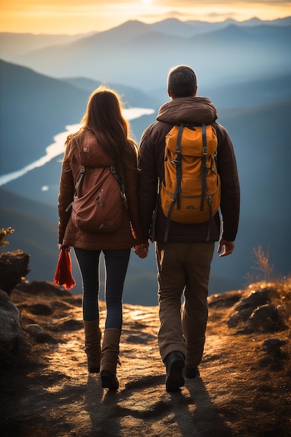 Un homme et une femme marchent sur un sentier de montagne en se tenant par la main.