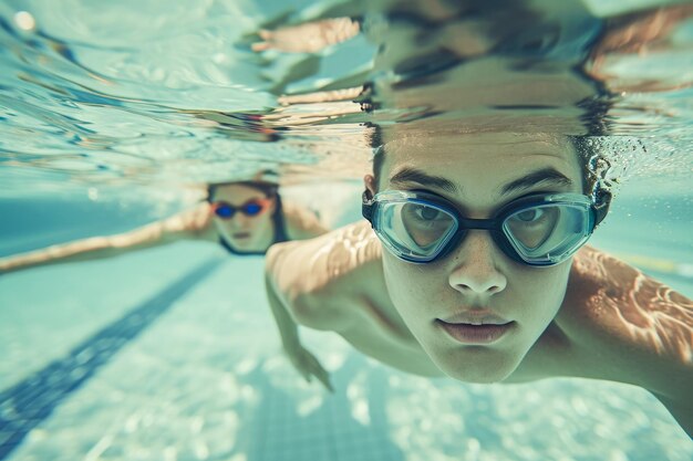 un homme et une femme nageant dans une piscine avec un regard de concentration sur leurs visages