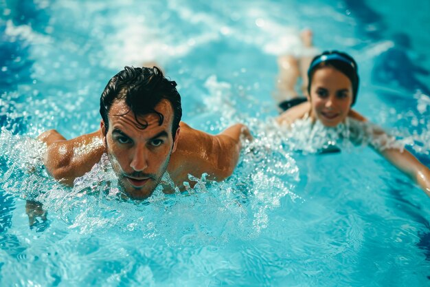 un homme et une femme nageant dans une piscine avec un regard de concentration sur leurs visages