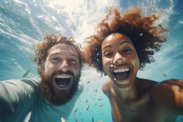 Photo un homme et une femme nagent sous l'eau dans le concept de voyage océanique ai génératif