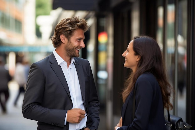 un homme et une femme parlent dans la rue