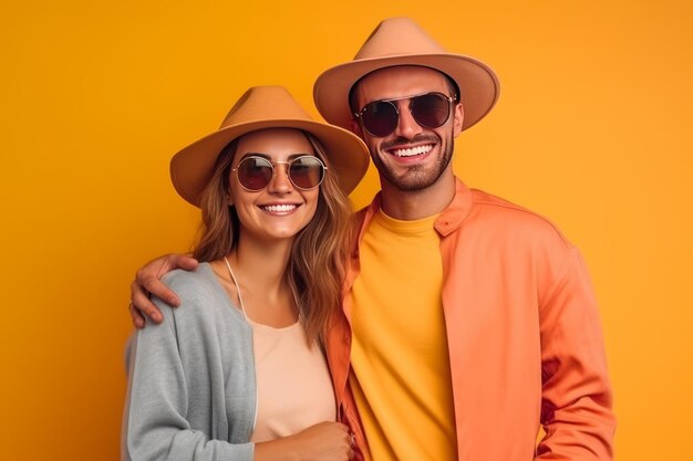 Homme et femme portant des chapeaux et des lunettes tout en souriant isolé sur fond uni