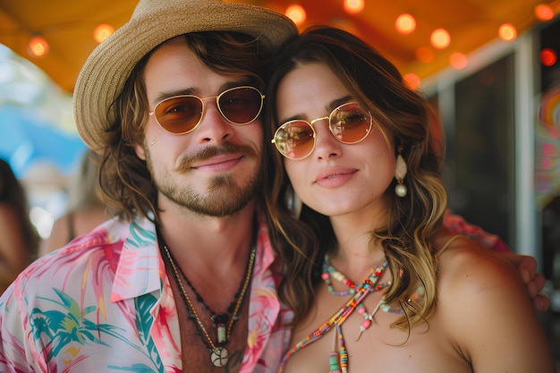 Un homme et une femme portant des lunettes de soleil et un chapeau et des colliers posent pour une photo ensemble à un