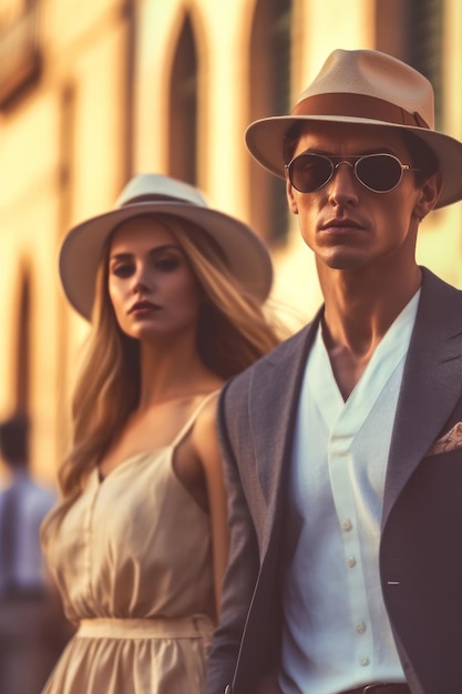 Un homme et une femme portant des lunettes de soleil et un chapeau marchent dans la rue.