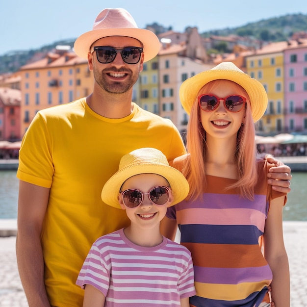 Un homme et une femme portant des lunettes de soleil se tiennent devant un bâtiment coloré.