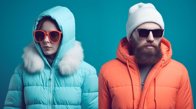 Un homme et une femme portant des lunettes de soleil et une veste bleue avec le mot hiver dessus.