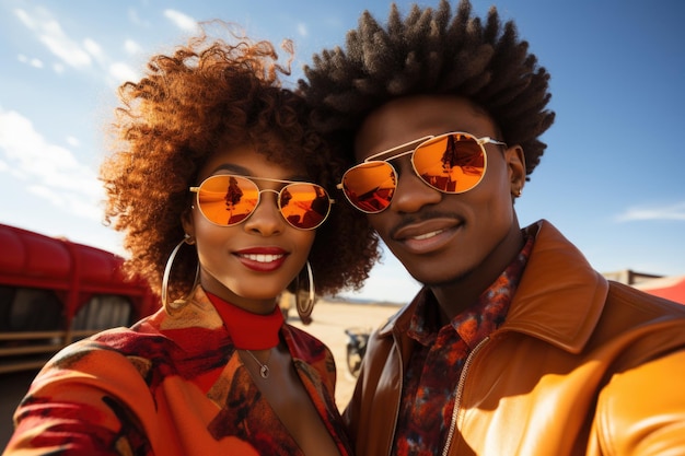 Un homme et une femme portant des lunettes de soleil et une veste en cuir posent pour la photo