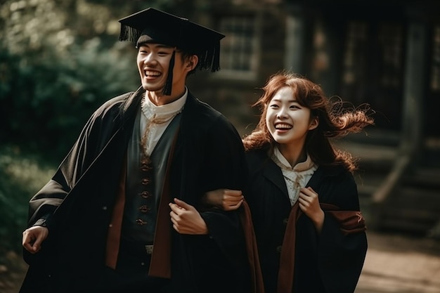 Un homme et une femme portant des robes de graduation marchent ensemble