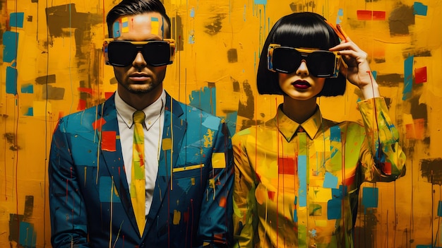homme et femme portant des vêtements colorés avec des lunettes sur fond coloré