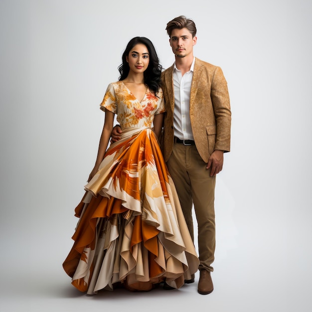 homme et femme posent dans un costume doré et une robe orange
