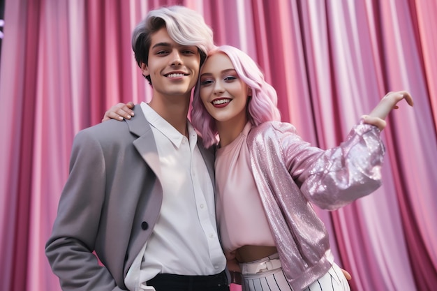 Un homme et une femme posent devant un fond rose avec une veste rose