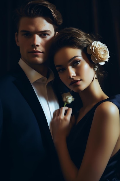 Un homme et une femme posent pour une photo devant un fond sombre.