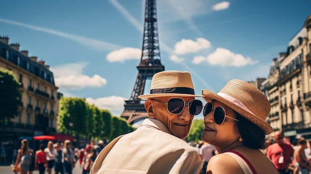 un homme et une femme posent pour une photo devant une tour Eiffel