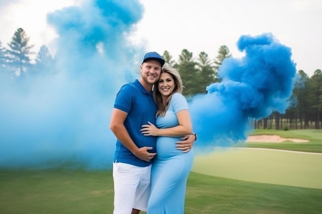 un homme et une femme posent pour une photo avec de la fumée bleue sortant d'eux