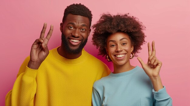 Photo un homme et une femme posent pour une photo avec les mots le mot sur le fond rose