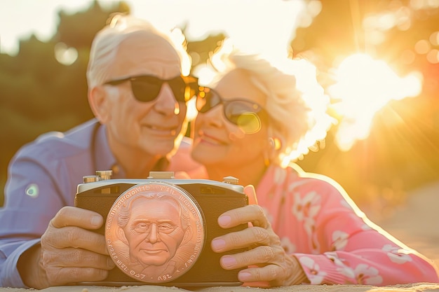 Photo un homme et une femme prenant une photo avec un appareil photo