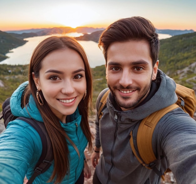 un homme et une femme prenant une photo avec un lac en arrière-plan