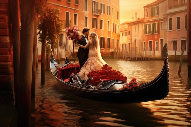 Photo un homme et une femme profitent d'une promenade romantique en gondole à travers les canaux pittoresques de venise. promenade romantique en gondole dans les canaux de venise ai generated
