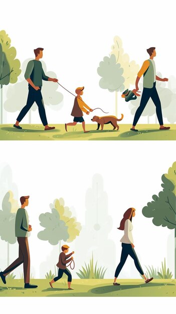 un homme et une femme promenant un chien dans un parc