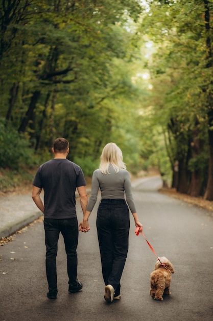 Un homme et une femme promènent un chien dans la forêt