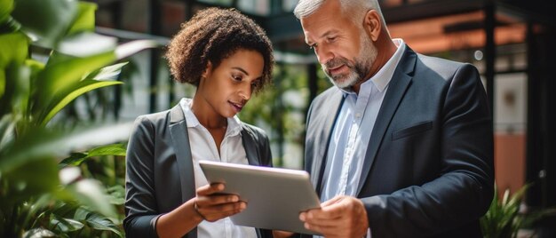 un homme et une femme regardant une tablette avec les mots personnels sur l'écran