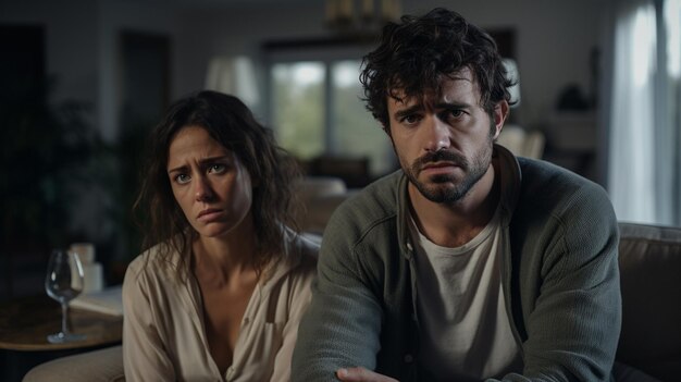 un homme et une femme regardent la caméra et la femme regarde la caméra.