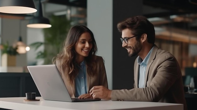 un homme et une femme regardent un écran d'ordinateur portable