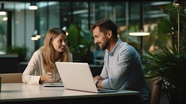 un homme et une femme regardent un ordinateur portable