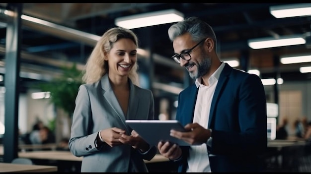 un homme et une femme regardent une tablette avec les mots deux personnes