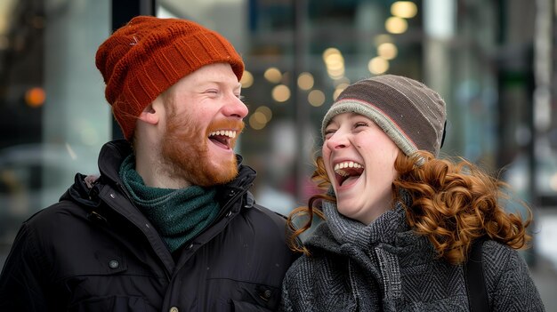 Un homme et une femme riants portant des chapeaux d'hiver