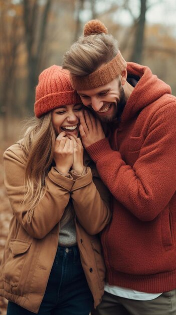 Un homme et une femme rient et rient dans la forêt.