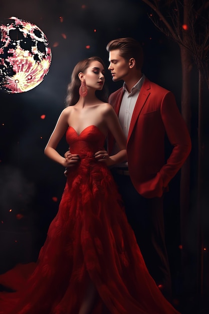 Un homme et une femme en robe rouge se tiennent devant un globe avec le mot disco dessus.