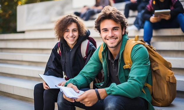 Photo un homme et une femme s'assoient sur un banc et regardent une carte