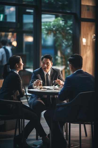 un homme et une femme s'assoient à une table et parlent