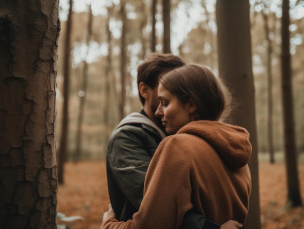 Un homme et une femme s'embrassant dans les bois Image AI générative