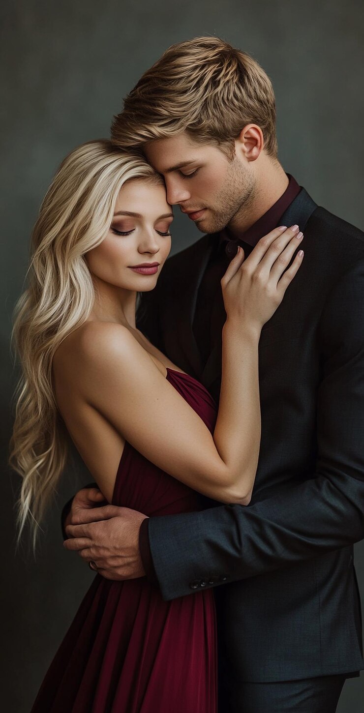 un homme et une femme s'embrassant dans un costume sombre