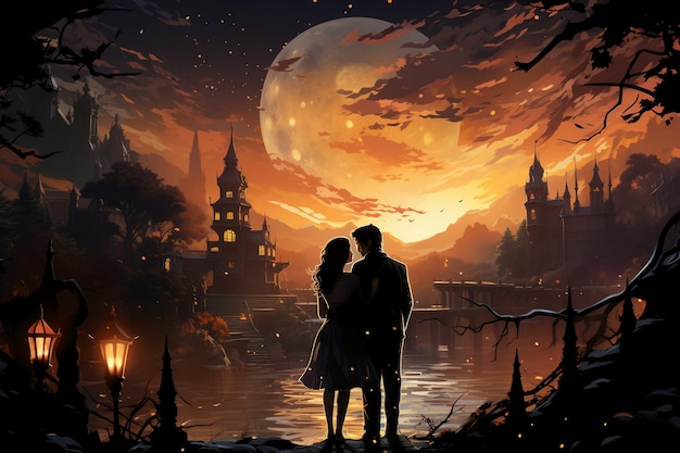 Un homme et une femme s'embrassant devant une lune pleine de fantaisie générative d'IA