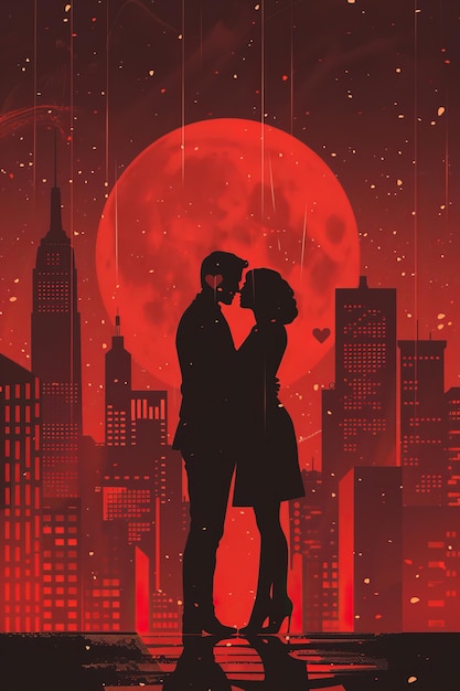 un homme et une femme s'embrassant devant une lune rouge