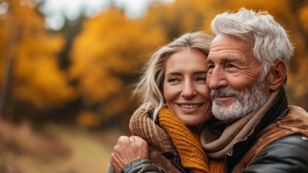 Un homme et une femme s'embrassent dans une forêt d'automne ai