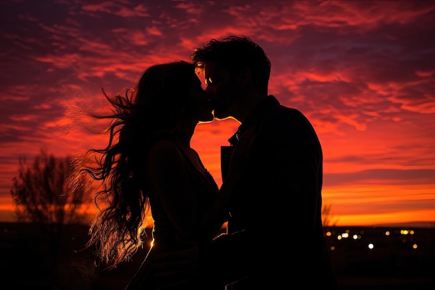 Photo un homme et une femme s'embrassent devant un coucher de soleil