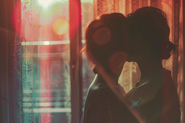 Un homme et une femme s'embrassent devant une fenêtre.