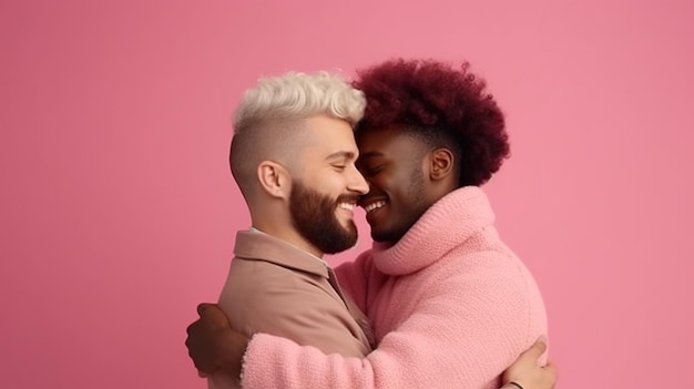 Photo un homme et une femme s'embrassent devant un fond rose.