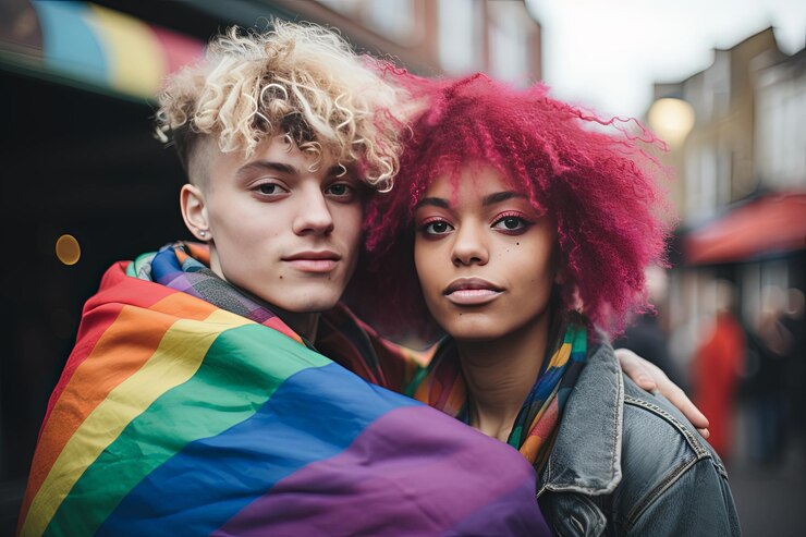 Photo un homme et une femme s'embrassent avec un drapeau de couleur arc-en-ciel