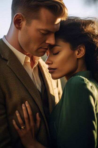 Un homme et une femme s'embrassent et l'homme porte un costume vert