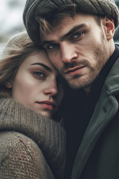 Un homme et une femme s'embrassent et regardent la caméra.