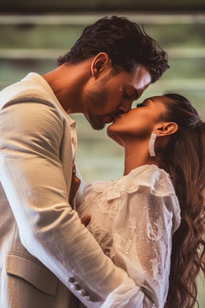 Un homme et une femme s'embrassent et regardent la caméra