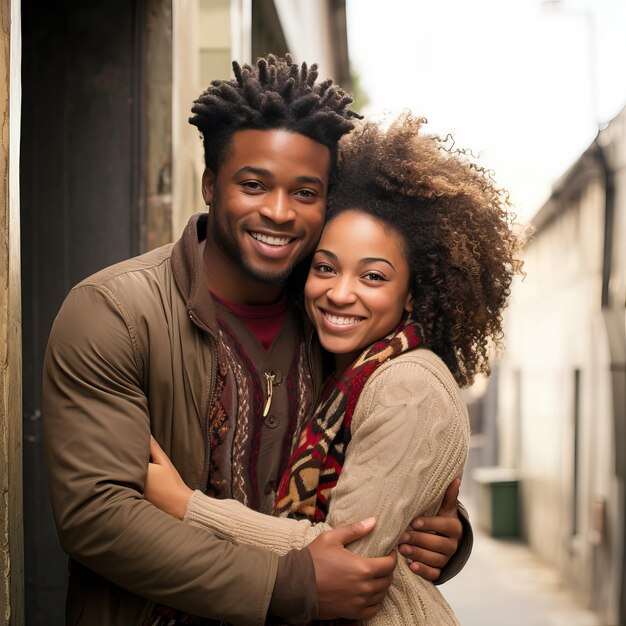 un homme et une femme s'embrassent et sourient