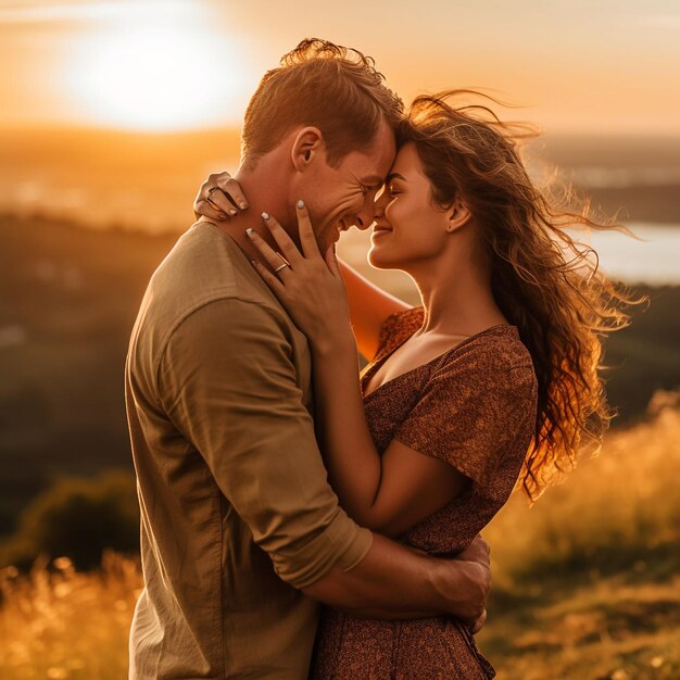 Un homme et une femme s'étreignent et le soleil se couche derrière eux.