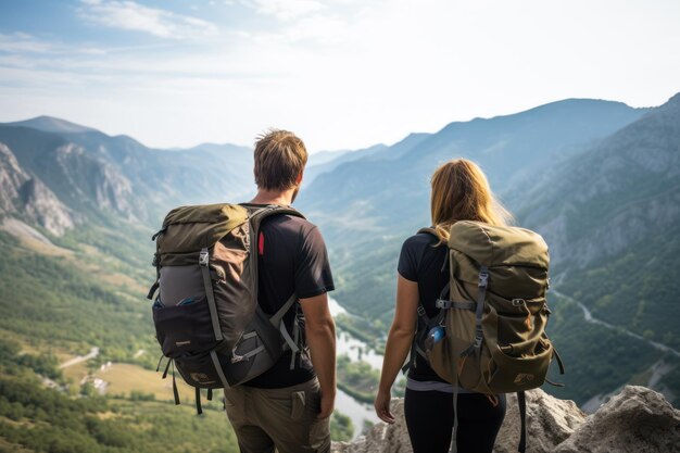 Un homme et une femme avec des sacs à dos regardent une vallée