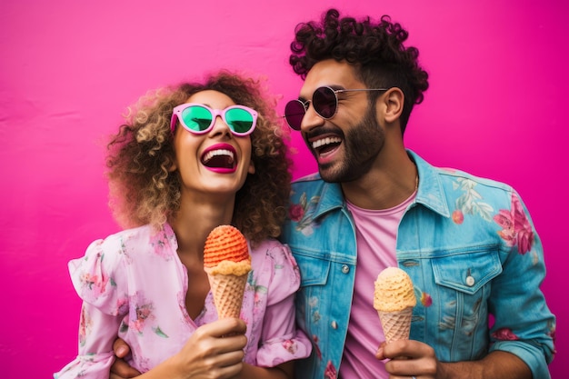 Un homme et une femme se divertissent en mangeant une crème glacée.